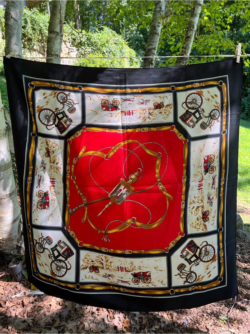Elegant Red and Black 100% Silk Scarf with Equestrian Motif